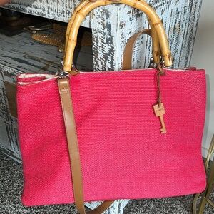 Fossil Bamboo Wooden Handle Woven Satchel Crossbody Pink Purse
